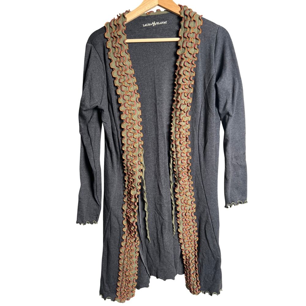 Laura Hlavac Ruffle Duster Sweater Cardigan  Long tie front jacket Size M